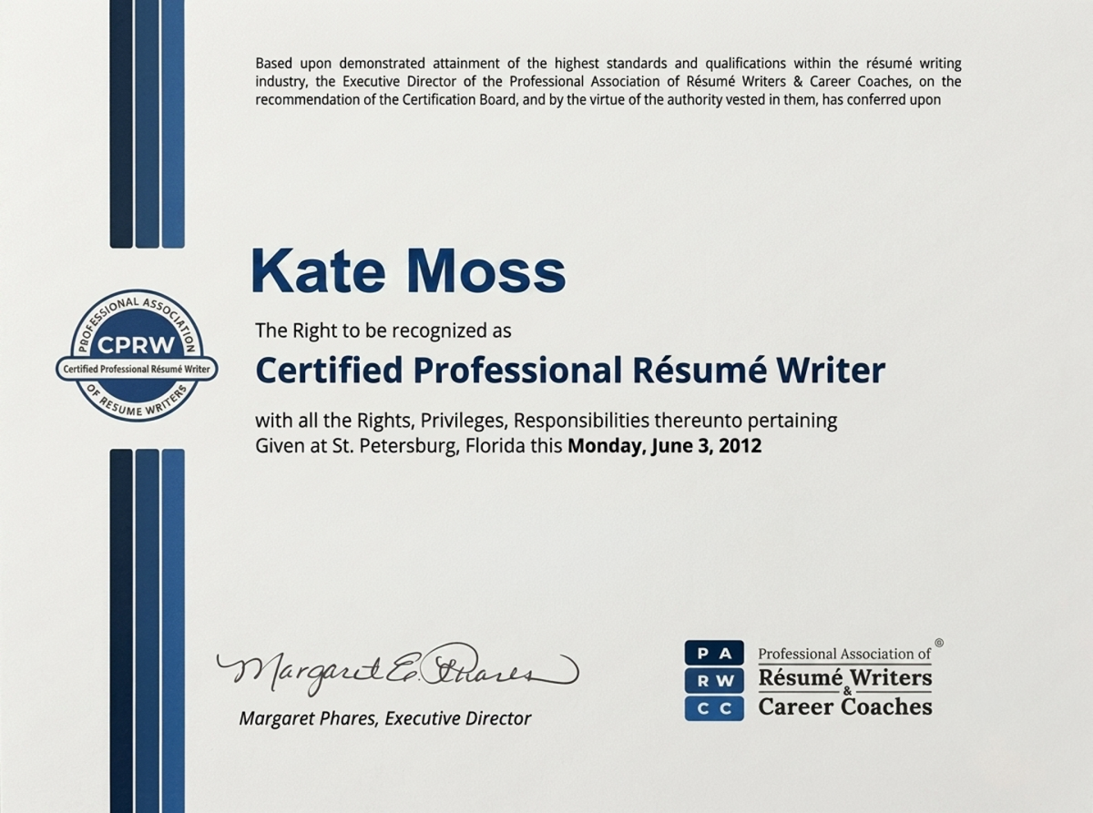 CPRW Certificate — Kate Moss, Certified Professional Résumé Writer, PARW&CC